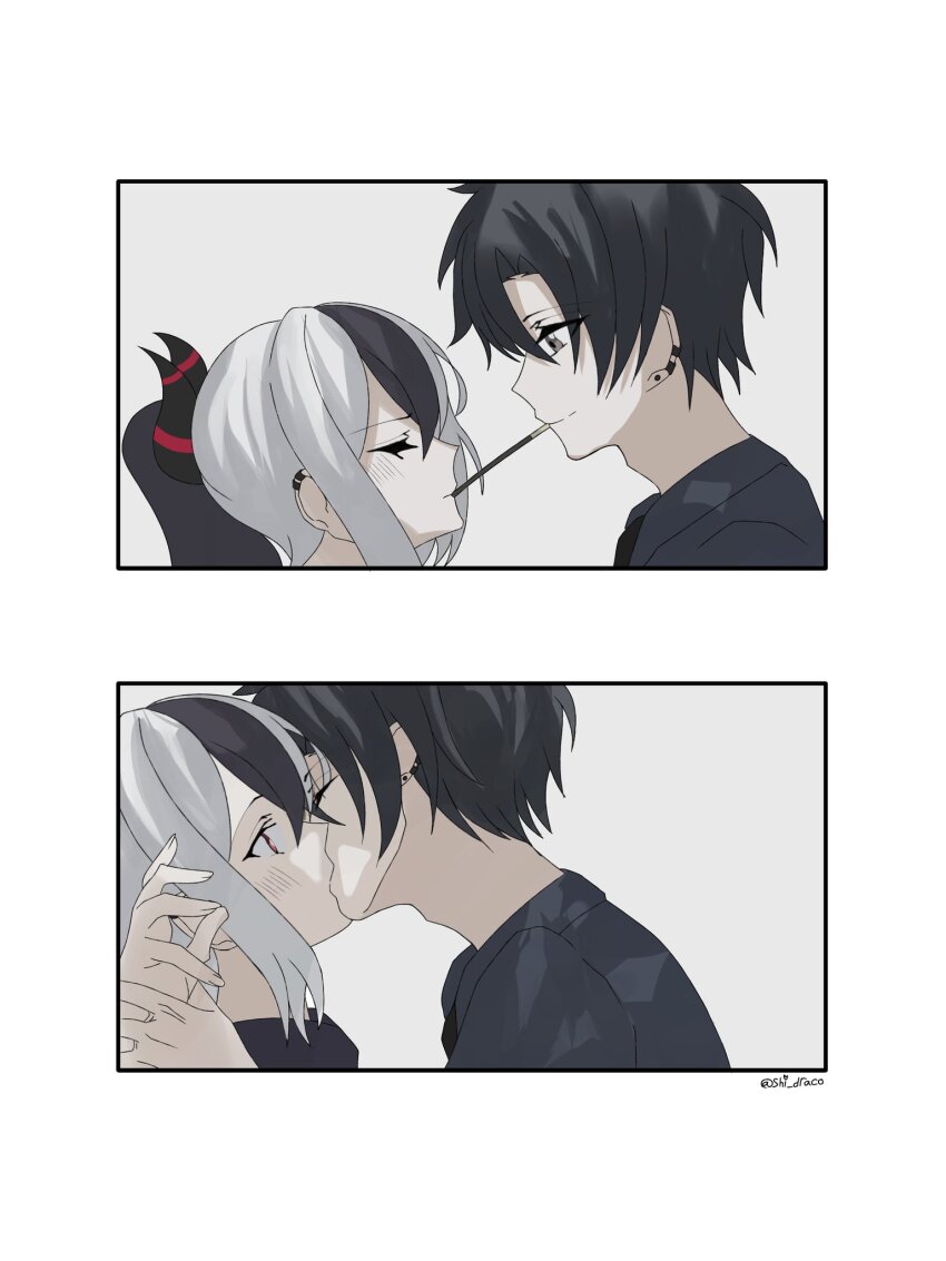 1boy 1girl black_hair blue_archive closed_eyes demon_girl demon_horns food food_in_mouth goth_fashion highres holding holding_another&#039;s_wrist horns kayoko_(blue_archive) kiss multicolored_hair pocky pocky_in_mouth pocky_kiss sensei_(blue_archive) shared_food shi_draco twitter_username white_background