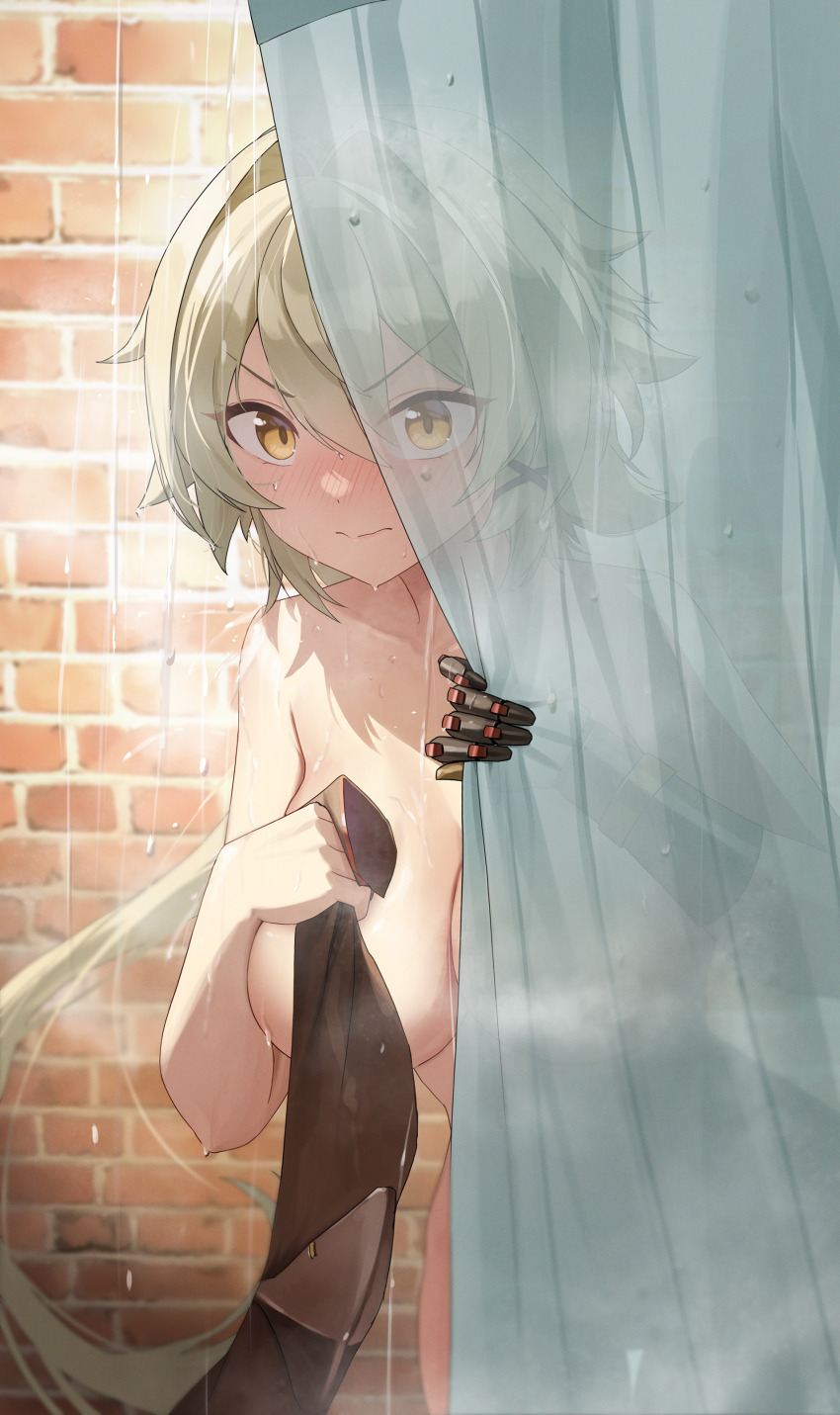 absurdres bath bathroom blush breasts brick_wall caesar_king_(zenless_zone_zero) commentary completely_nude convenient_censoring green_hair hair_intakes highres holding holding_towel large_breasts long_hair looking_at_viewer nasol nude prosthesis prosthetic_arm showering towel wet yellow_eyes zenless_zone_zero