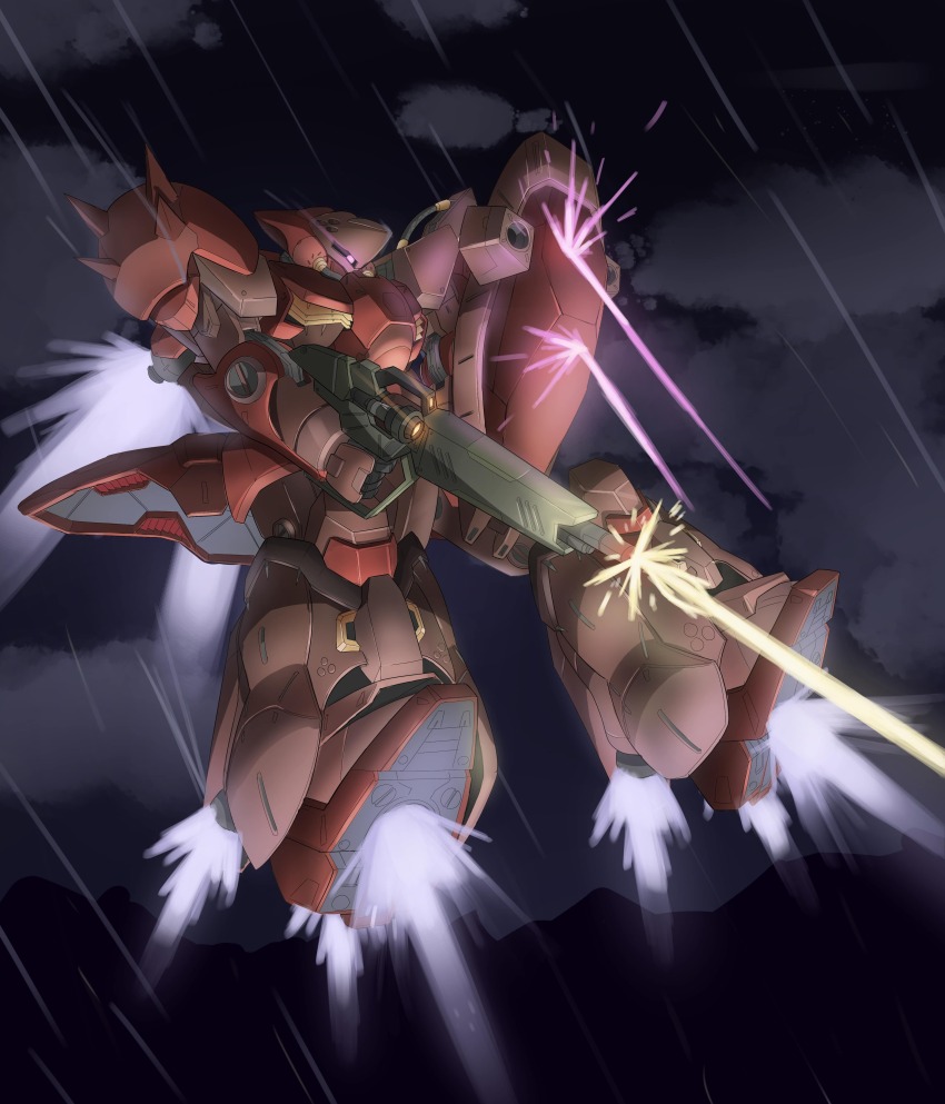 absurdres artist_request battle beam_rifle cable cloud energy_beam energy_gun firing flying gundam gundam_hathaway&#039;s_flash highres holding holding_weapon machinery mecha mecha_focus messer_(mobile_suit) mobile_suit night no_humans one-eyed pink_eyes robot science_fiction scope shield shoulder_spikes solo spikes weapon