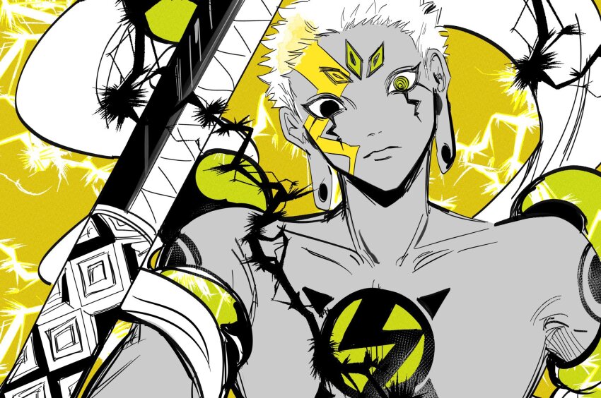1boy @_@ closed_mouth heterochromia highres lightning_background long_earlobes looking_at_viewer male_focus nlnh40 original partially_colored short_hair upper_body very_short_hair yellow_background yellow_theme