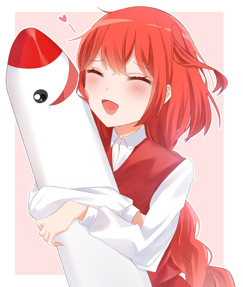1girl blush braid braided_ponytail collared_shirt commentary_request happy heart highres long_hair long_sleeves milll_77 mimi-chan hugging_object okazaki_yumemi open_mouth outside_border pink_background red_hair red_vest shirt simple_background solo touhou touhou_(pc-98) vest white_shirt wing_collar