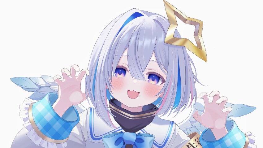 1girl :3 :d absurdres amane_kanata amane_kanata_(1st_costume) angel_wings blue_bow blue_bowtie blue_eyes blue_hair blush bow bowtie claw_pose colored_inner_hair feathered_wings frilled_sleeves frills fuminshou_(nekopan_art) grey_hair hair_between_eyes hair_intakes halo highres hololive jacket multicolored_hair open_mouth pink_hair plaid_clothes plaid_sleeves sailor_collar short_hair sidelocks simple_background smile solo star_halo streaked_hair upper_body virtual_youtuber white_background white_jacket white_sailor_collar white_wings wings