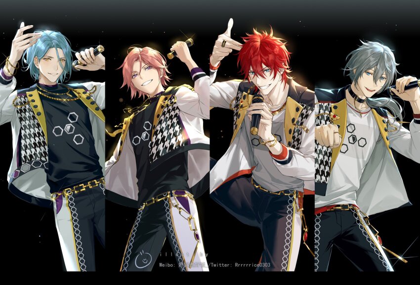 4boys amagi_rinne black_shirt blue_eyes blue_hair chinese_commentary choker clenched_hand commentary_request crazy_b_(ensemble_stars!) ensemble_stars! fingernails grey_hair hair_between_eyes hexagon highres himeru_(ensemble_stars!) holding holding_microphone jewelry long_hair long_sleeves low_ponytail male_focus microphone multiple_boys necklace open_mouth oukawa_kohaku pink_hair ponytail purple_eyes red_hair ring rrr_(reason) shiina_niki shirt short_hair teeth twitter_username yellow_eyes