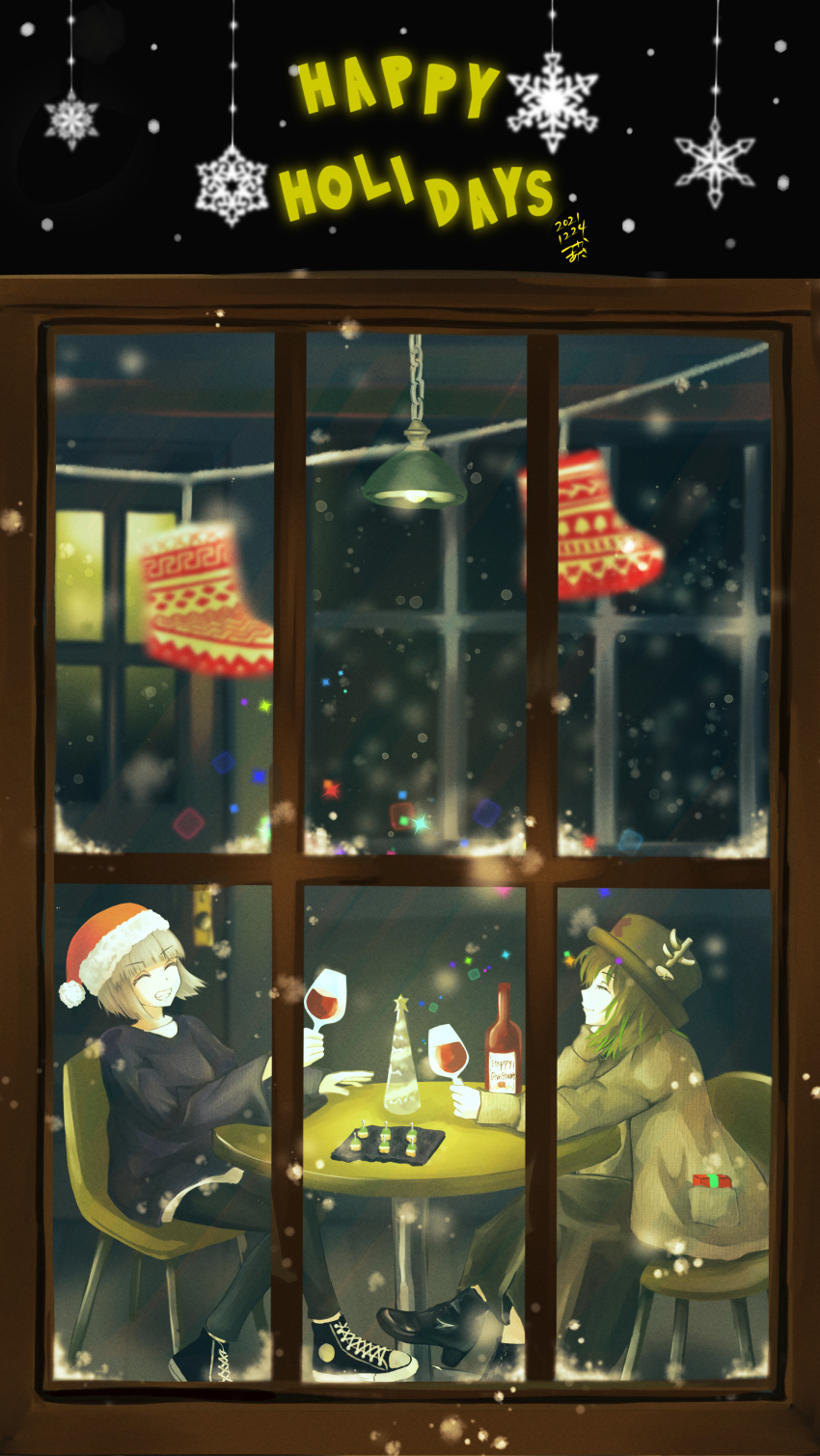 2girls absurdres black_boots black_pants black_shoes black_sweater blunt_bangs boots bottle brown_coat brown_hair brown_hat brown_pants chair christmas christmas_ornaments closed_eyes closed_mouth coat colored_tips commentary_request cup dated fur-trimmed_headwear fur_trim green_hair grey_hair grin happy_holidays hat highres holding holding_cup lamp long_sleeves medium_hair multicolored_hair multiple_girls original pants pocket red_hat santa_hat shirt shoelaces shoes short_hair sitting smile snow snowflake_ornament sparkle sweater table tsukaasa white_shirt window