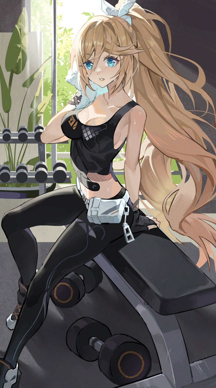 1girl absurdres black_pants blonde_hair blue_eyes breasts cleavage collarbone crop_top dumbbell durandal_(dea_anchora)_(honkai_impact) durandal_(honkai_impact) durandal_(pumping_heart)_(honkai_impact) gym highres holding holding_towel honkai_(series) honkai_impact_3rd indoors large_breasts long_hair medium_breasts midriff official_alternate_costume pants parted_lips sitting solo sportswear sweat towel xinliu_asato yoga_pants