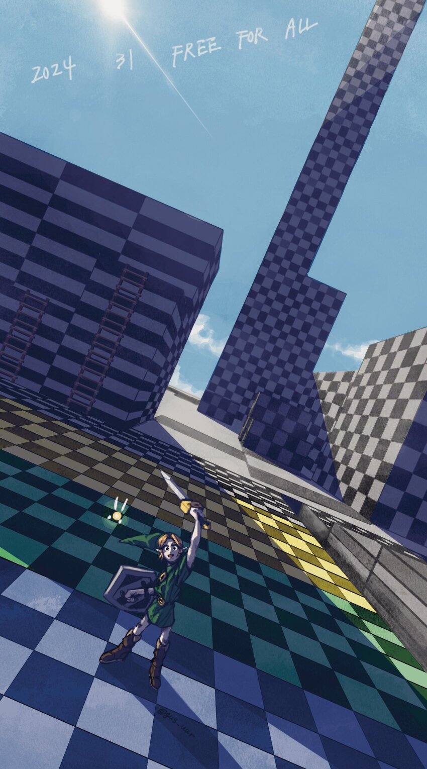 1boy 2024 absurdres arms_up belt boots checkered_floor dutch_angle fairy full_body gus_uur highres holding holding_shield holding_sword holding_weapon ladder light_rays link male_focus nintendo open_mouth outdoors pointy_ears shield smile solo standing sunbeam sunlight sword tatl the_legend_of_zelda the_legend_of_zelda:_majora&#039;s_mask weapon