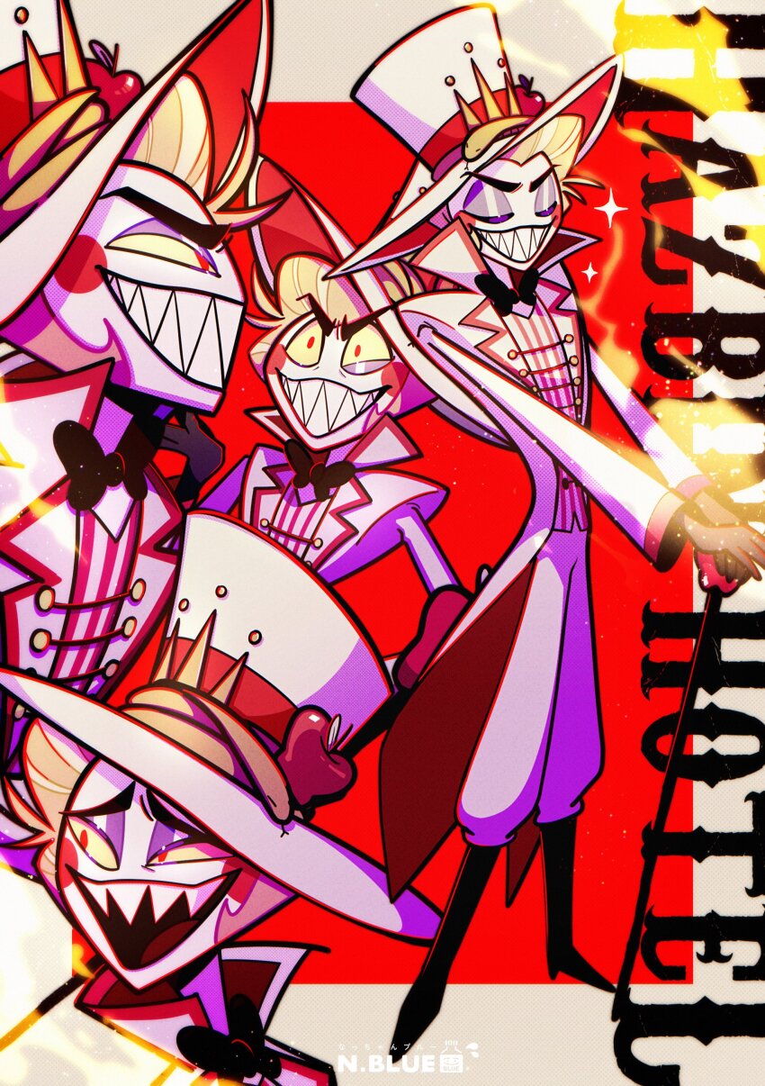 1boy absurdres apple black_boots black_bow black_bowtie blonde_hair boots border bow bowtie circle_facial_mark closed_eyes coat coattails colored_sclera commentary copyright_name crown food fruit full_body grey_border grin half-closed_eye hat hazbin_hotel highres long_sleeves looking_at_viewer lucifer_morningstar_(hazbin_hotel) male_focus multiple_views natchan_blue_(nanairopenki) open_clothes open_coat open_mouth outside_border pants red_background red_eyes sharp_teeth shirt short_hair simple_background smile snake sparkle striped_clothes striped_vest teeth top_hat traditional_bowtie vertical-striped_clothes vertical-striped_vest vest white_coat white_headwear white_pants white_shirt yellow_sclera