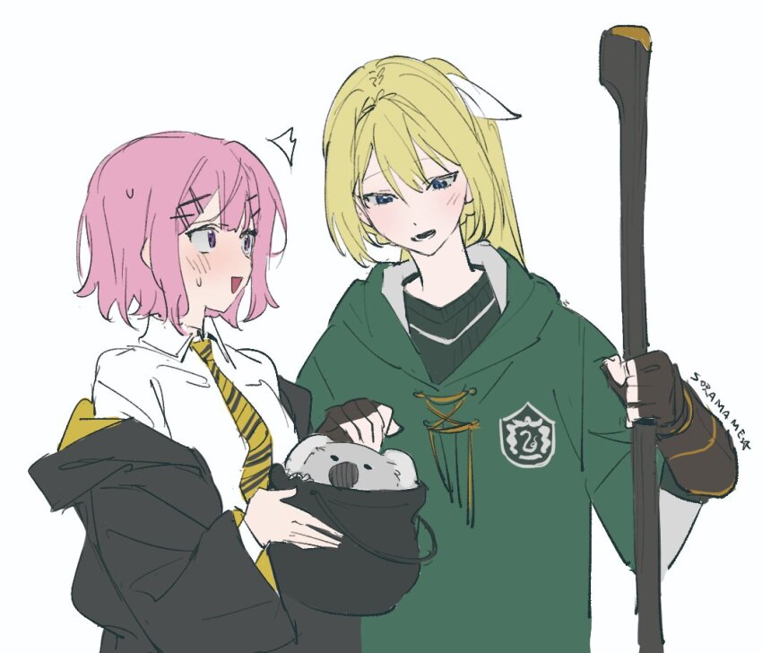 2girls ^^^ amaori_renako artist_name blonde_hair blush broom hair_ornament holding holding_broom koala multiple_girls nape_braid ouzuka_mai pink_hair ponytail simple_background soramame_(corndog) sweatdrop watashi_ga_koibito_ni_nareru_wake_naijan_murimuri! wizarding_world x_hair_ornament