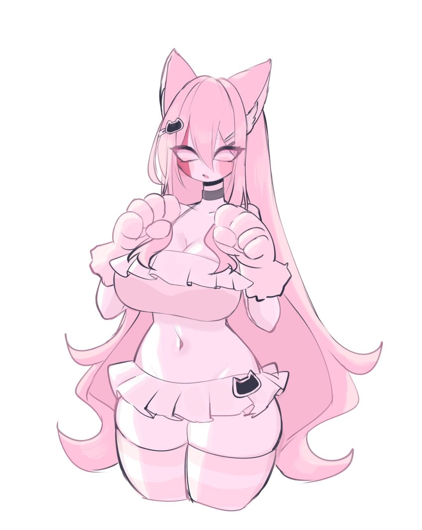 animal_ears blush breasts cat_ears cat_gloves cat_hair_ornament choker cleavage colored_skin fake_paws friday_night_funkin&#039; hair_ornament hairclip highres large_breasts long_hair looking_at_viewer midriff navel pink_hair pink_skin pink_skirt sarvente_(friday_night_funkin&#039;) skirt thick_thighs thighhighs thighs usa37107692 white_eyes white_skin wide_hips zettai_ryouiki