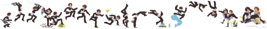 00s 1990s_(style) 2009 3boys @_@ absurdres anger_vein arm_support artist_name banana banana_peel bartz_klauser belt blonde_hair blue_eyes brown_eyes brown_hair cape clenched_teeth closed_eyes cocura dated dissidia_final_fantasy earrings eating facepalm final_fantasy final_fantasy_ix final_fantasy_v final_fantasy_viii food fruit gloves gunblade handstand highres jacket jewelry jumping long_image looking_back looking_down male_focus monster multiple_boys muscular necklace one_arm_handstand open_mouth parted_lips pupu_(ff8) retro_artstyle revision scar simple_background sitting smile squall_leonhart storyboard sweatdrop tail teeth translation_request tripping ufo weapon white_background wide_image zidane_tribal