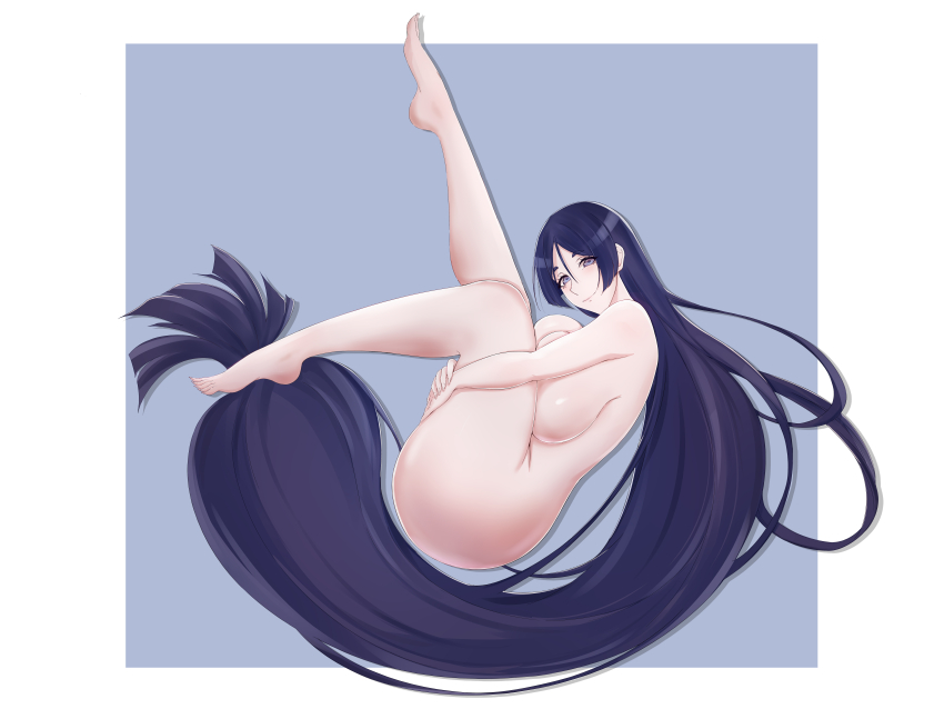 1girl absurdres blush breasts completely_nude fate/grand_order fate_(series) highres huge_breasts legs_up long_hair looking_at_viewer mantou_devil minamoto_no_raikou_(fate) nude parted_bangs purple_eyes purple_hair sideboob smile solo very_long_hair