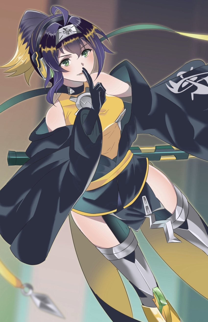 1girl ahoge black_gloves black_hair blush breasts duel_monster gloves green_eyes hair_between_eyes hair_intakes headgear heichi highres katana large_breasts ninja open_mouth pelvic_curtain ponytail s-force_rappa_chiyomaru shirt smile solo sword thighhighs weapon white_thighhighs yellow_shirt yu-gi-oh!