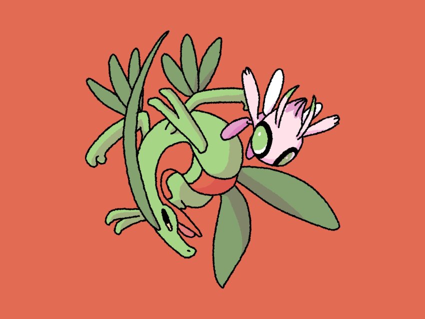 00tamakichi alternate_color antennae celebi colored_skin gen_2_pokemon gen_3_pokemon green_eyes green_skin grovyle highres legendary_pokemon looking_at_another looking_to_the_side mythical_pokemon nintendo official_alternate_color open_mouth pink_skin pokemon pokemon_(creature) red_background shiny_pokemon sideways_glance simple_background teeth