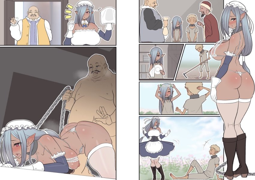 1girl 2boys age_difference age_progression apron ass bdsm blush boots bra breasts chain chain_leash cleaning cleavage collar comic dark-skinned_female dark_elf dark_skin detached_collar elf fat fat_man frilled_apron frills g-string gloves head_wreath hoe interspecies large_breasts leash lingerie long_hair maid maid_apron multiple_boys navel netorare nipples older_male_and_younger_female open_mouth original panties plate pointy_ears see-through_clothes sequential sex short_hair slave spanked spanking sueyuu sweat thong ugly_bastard underwear waist_apron white_apron