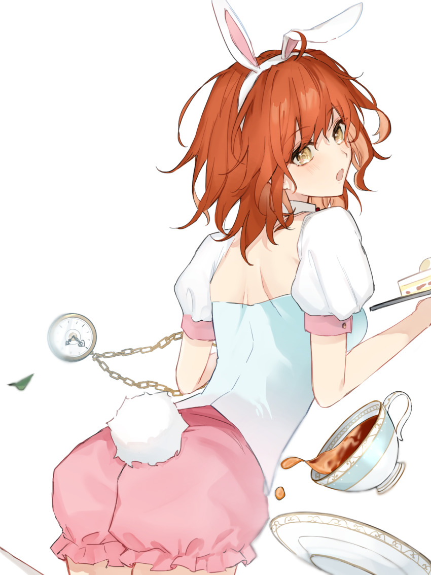 1girl ahoge animal_ears ass back blush breasts cake cup fake_animal_ears fate/grand_carnival fate/grand_order fate_(series) food fujimaru_ritsuka_(female) hair_ornament hair_scrunchie hairband highres looking_at_viewer looking_back medium_breasts official_alternate_costume one_side_up open_mouth orange_eyes orange_hair pink_shorts plate puffy_short_sleeves puffy_sleeves rabbit_ears rabbit_tail ringo_2000 saucer scrunchie shirt short_hair short_sleeves shorts solo tail tea teacup white_shirt