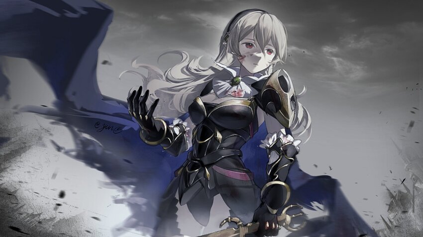 1girl armor armored_leotard armpits black_armor black_hairband blue_cape breasts cape cleavage female_corrin_(fire_emblem) female_corrin_(nohr_noble)_(fire_emblem) dragonstone fire_emblem fire_emblem_fates fire_emblem_heroes gauntlets hairband highres leotard medium_breasts nintendo pointy_ears thighhighs thighs torn_cape torn_clothes white_hair yato_(fire_emblem) yun_(dl2n5c7kbh8ihcx)