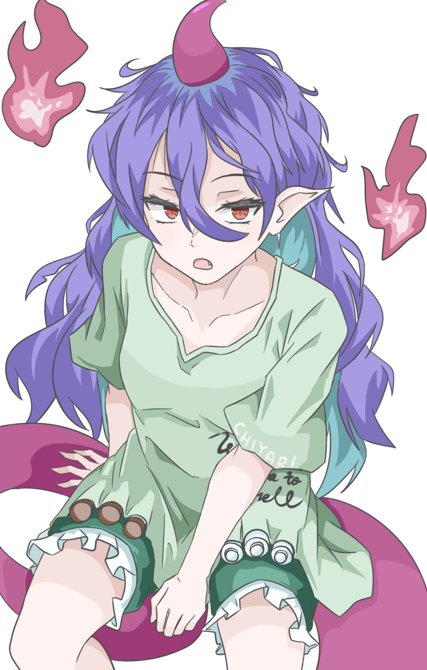 1girl absurdres blue_hair commentary_request frilled_shorts frills green_shirt green_shorts hair_between_eyes highres horns kakineko long_hair open_mouth red_eyes red_horns shirt shorts simple_background single_horn solo tail tenkajin_chiyari touhou wavy_hair white_background