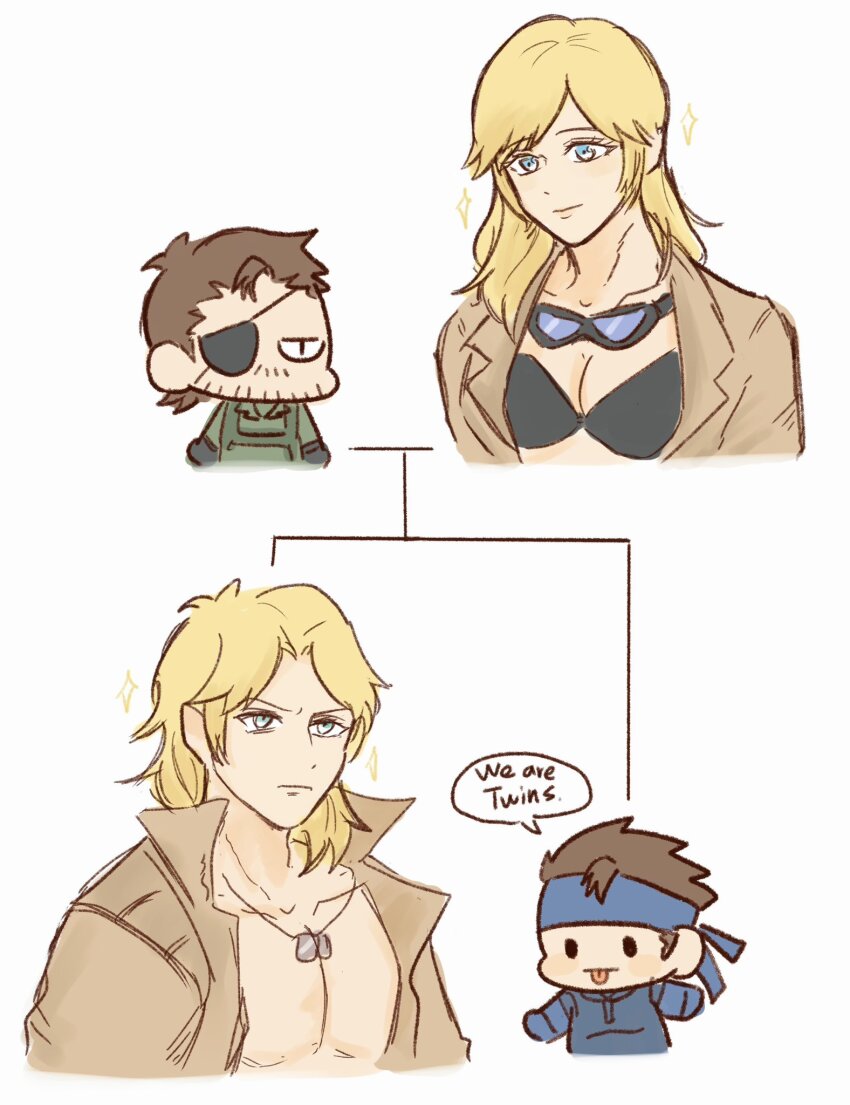1girl 3boys bikini black_bikini blonde_hair blue_eyes blue_headband breasts brothers brown_jacket chibi cleavage commentary dog_tags english_text eva_(metal_gear) eyepatch facial_hair frown goggles goggles_around_neck headband highres jacket jewelry liquid_snake medium_breasts metal_gear_(series) metal_gear_solid metal_gear_solid_3:_snake_eater multiple_boys naked_snake necklace pap_(paprikaru1205) siblings smile solid_snake sparkle stubble swimsuit