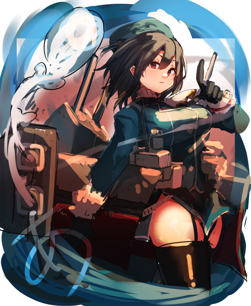 1girl adapted_turret ascot black_gloves black_hair black_thighhighs blue_hat blush breasts cannon garter_straps gloves hat highres kantai_collection large_breasts looking_at_viewer machinery military military_uniform red_eyes rigging ship_turret short_hair skirt solo sunday_aki takao_(kancolle) thighhighs v white_background
