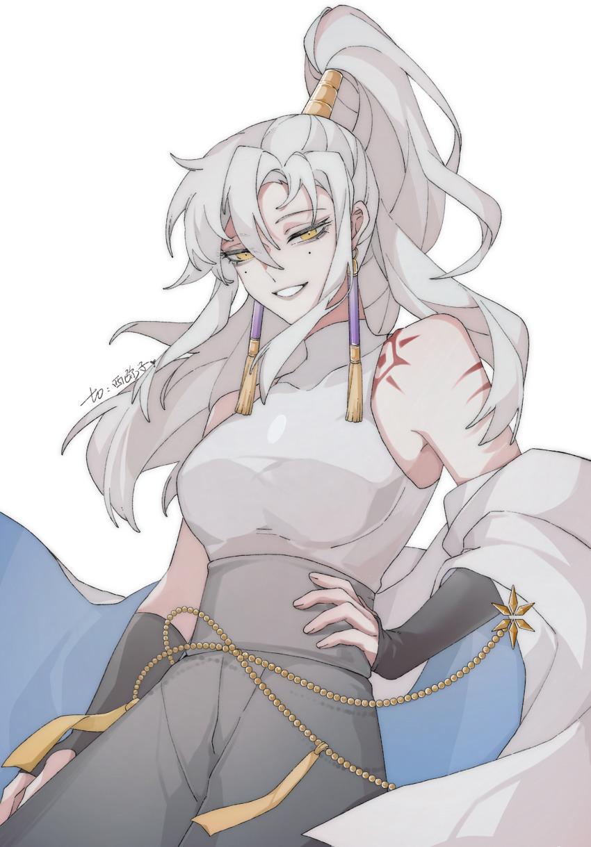 1girl black_gloves cape chain chuo4016 earrings gloves high_ponytail highres jewelry long_hair mole mole_under_eye ponytail prophet_of_water shoulder_tattoo sky:_children_of_the_light smile solo tassel tattoo white_background yellow_eyes