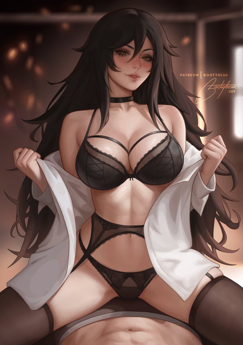 1boy 1girl 2024 abs absurdres artist_name bad_id bad_twitter_id bare_shoulders black_bra black_choker black_garter_belt black_hair black_male_underwear black_panties black_thighhighs blush bootybear bra breasts brown_eyes choker cleavage collarbone dress_shirt garter_belt girl_on_top hair_between_eyes hetero highres indoors large_breasts long_hair long_sleeves looking_at_viewer male_underwear navel off_shoulder original panties parted_lips patreon_username sera_(judgemint) shirt signature skindentation solo_focus thighhighs toned toned_female underwear undressing white_shirt