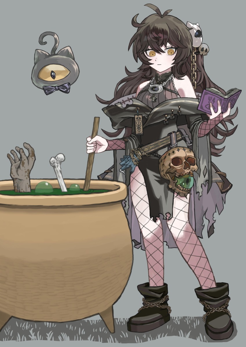 1girl absurdres ahoge ambiguous_green_liquid antenna_hair bare_shoulders belt black_hair bone boots breasts bubble cape cauldron chain cooking cooking_pot fishnet_pantyhose fishnet_sleeves fishnet_thighhighs fishnets gold_chain grass grey_background grimmi_(vtuber) hair_ornament highres holding holding_ladle horror_(theme) indie_virtual_youtuber ladle leotard long_hair looking_at_object magic messy_hair mizuno_(omiso_soup) necromancer occult official_alternate_costume pale_skin pantyhose reading robe sidelocks skelter_(grimmivt) skull skull_hair_ornament thighhighs torn_cape torn_clothes very_long_hair virtual_youtuber witch yellow_eyes