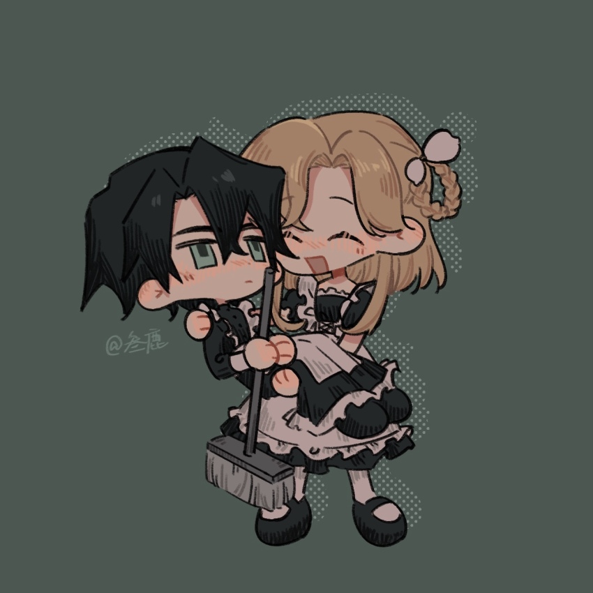 1boy 1girl apron black_dress black_footwear blush braid braided_hair_rings broom carrying chibi closed_eyes dress frilled_dress frills hair_rings highres holding holding_broom leiantianxiadiyixd long_sleeves open_mouth orange_hair parted_bangs reverse_princess_carry rose_fryberg shoes smile socks volcano_princess white_apron white_socks ze_(volcano_princess)