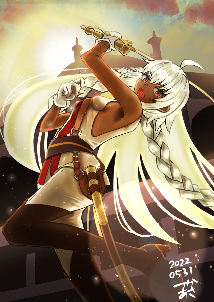1girl absurdres ahoge bare_shoulders belt belt_buckle black_boots boots braid breasts brown_belt buckle dark-skinned_female dark_skin fate/grand_order fate_(series) gloves hair_between_eyes highres holding holding_sword holding_weapon lakshmibai_(fate) long_hair looking_at_viewer medium_breasts open_mouth orange_eyes pants scabbard sheath sideboob sleeveless solo sun sword thigh_boots tsukaasa very_long_hair weapon white_gloves white_hair white_pants