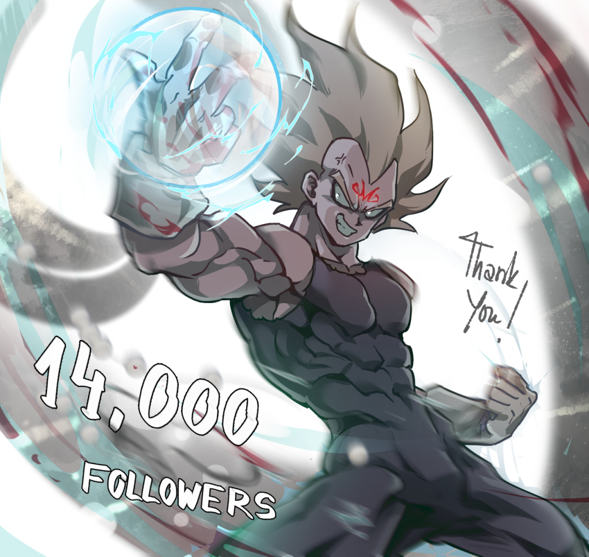 1boy amachu_a anger_vein black_eyeliner blonde_hair blood blood_on_hands bulge clenched_hand commentary covered_abs dragon_ball dragonball_z energy evil_grin evil_smile eyeliner facial_mark forehead_mark gloves grin highres majin_vegeta makeup male_focus milestone_celebration muscular muscular_male smile solo super_saiyan thank_you vegeta white_gloves