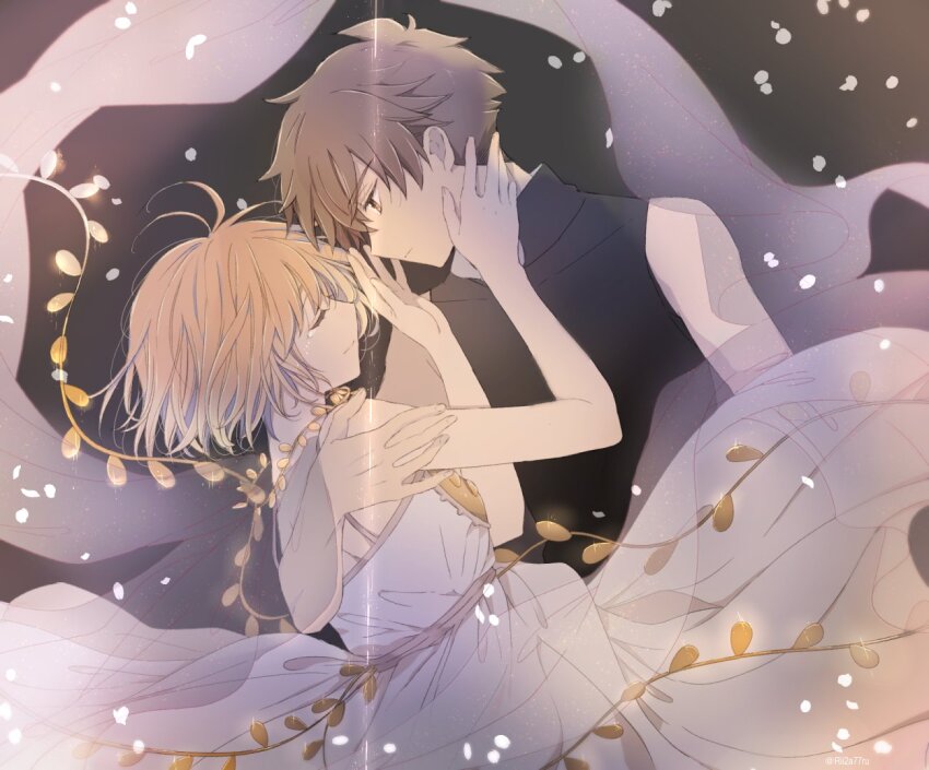 1boy 1girl bad_id bad_twitter_id bare_shoulders black_shirt brown_hair closed_eyes dress hug jewelry looking_at_viewer necklace petals rii2a77ru sakura_hime shirt short_hair sleeveless sleeveless_shirt tearing_up tsubasa_chronicle xiaolang