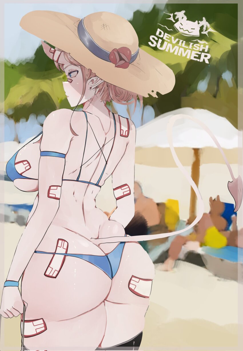 1girl ass back beach beach_umbrella bikini blue_bikini border breasts butt_crack closed_mouth commentary cowboy_shot demon_girl demon_tail earrings english_text expressionless from_behind grey_border hat highres horns jewelry large_breasts looking_afar ofuda original outdoors pink_hair pointy_ears short_hair skin-covered_horns solo straw_hat stud_earrings sun_hat swimsuit tail tree umbrella weeze