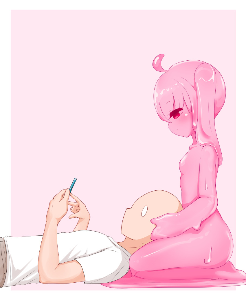 1boy 1girl absurdres arm_support barefoot blush breasts cellphone collarbone colored_skin creature flat_chest hair_between_eyes hand_on_another&#039;s_head highres hikyou_takarasou holding holding_phone lap_pillow liquid_hair long_hair looking_at_another monster monster_girl no_nipples nude open_mouth original phone pink_background pink_skin red_eyes shirt short_sleeves sitting slime_(creature) slime_(substance) slime_girl t-shirt twintails wariza white_shirt