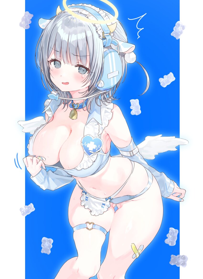 1girl @_@ absurdres animal_ears apron arm_warmers bandaid bandaid_on_leg bell bikini blue_bikini blue_collar blue_eyes blue_nails blunt_bangs blush breasts candy cleavage collar cow_ears cow_horns food frilled_hairband frills grey_hair gummy_bear hairband halo headphones heart highres horns large_breasts looking_at_viewer medium_hair nail_polish neck_bell nikuya_(nikuniku_nikuya) original parted_lips simple_background solo swimsuit tears thigh_strap waist_apron white_apron