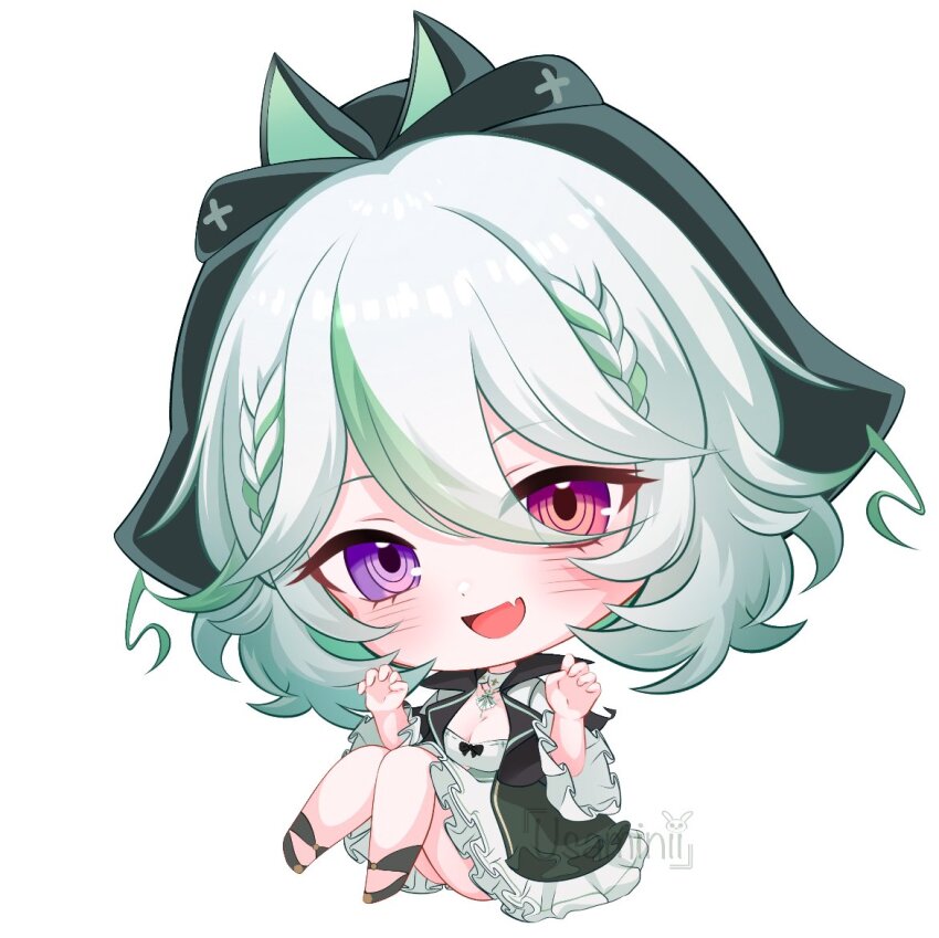 1girl alias_anono artist_name black_bow black_hood black_jacket bow braid breasts chibi cleavage dress fang green_hair grey_hair hair_between_eyes heterochromia jacket multicolored_hair open_mouth pink_eyes purple_eyes skin_fang solo streaked_hair usaminii v4mirai white_background white_dress