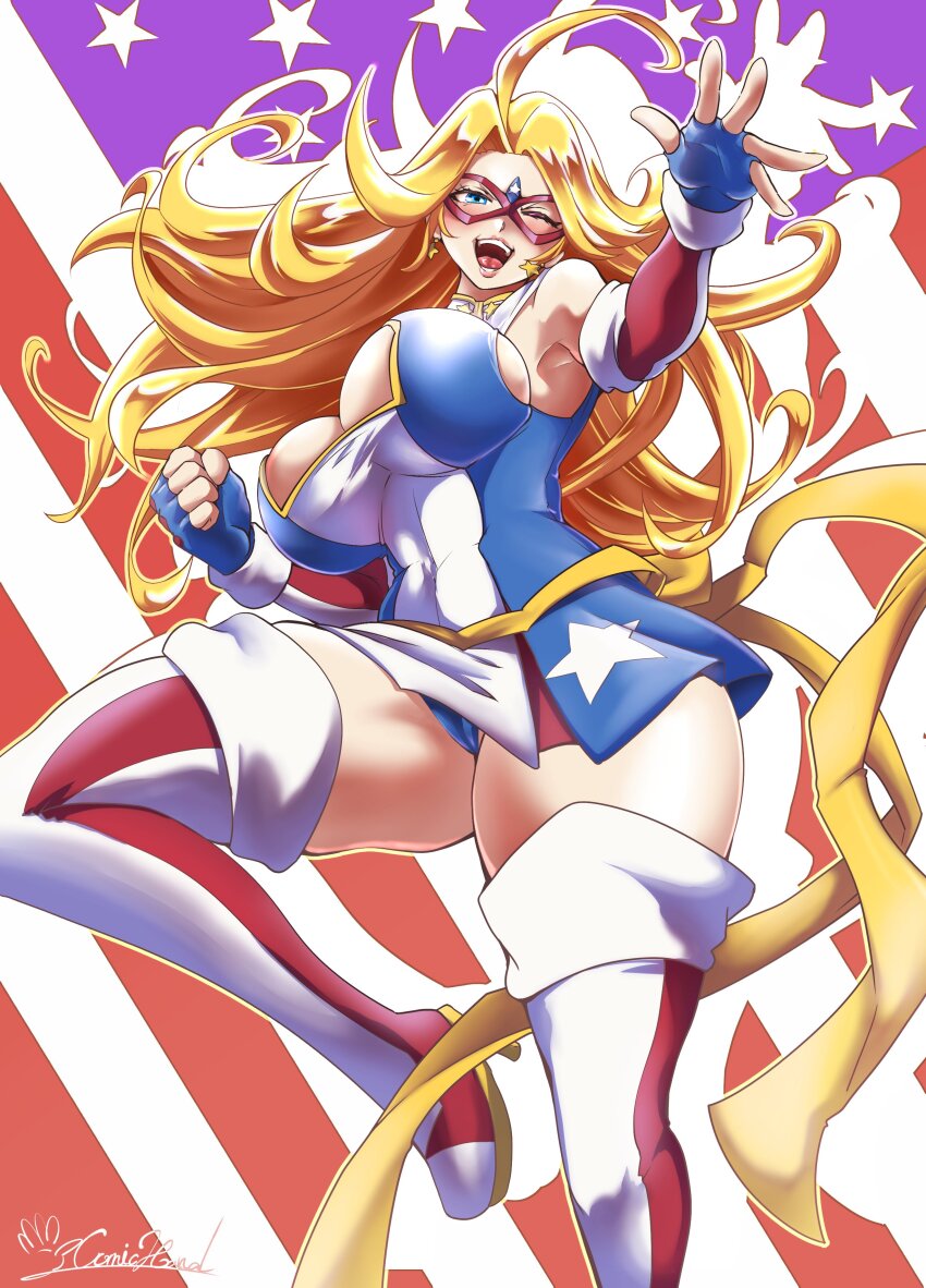 1girl ;d ;o absurdres ahoge american_flag american_flag_background american_flag_print blonde_hair blue_eyes boots breasts cleavage clothing_cutout comic_hand domino_mask earrings elbow_gloves eye_mask fingerless_gloves flag_print gloves highres jewelry kamen_america kamen_america_(comic) large_breasts leotard long_hair looking_at_viewer mask one_eye_closed open_mouth patriotism smile solo star_(symbol) star_cutout star_earrings striped_clothes striped_footwear superhero_costume vertical-striped_footwear
