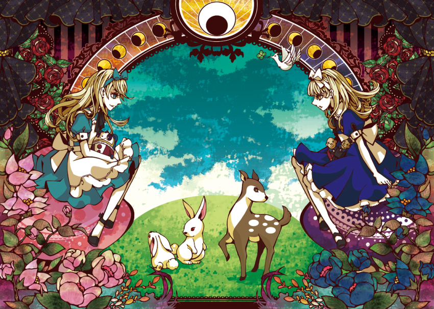 1boy 1girl alice_(alice_in_wonderland) alice_(alice_in_wonderland)_(cosplay) alice_(megami_tensei) alice_in_wonderland apron art_nouveau atlus belial belial_(megami_tensei) blonde_hair blue_eyes rabbit cosplay crossdressing deer doll dress flower hair_ribbon imatomo_mahya kuma_(persona_4) long_hair nebiros pantyhose peony_(flower) persona persona_4 profile red_flower red_rose ribbon rose sitting trap yellow_eyes