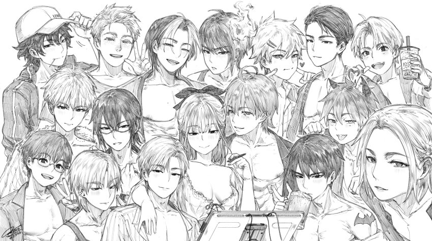 1girl 6+boys absurdres ahoge animal_ears areola_slip arm_around_shoulder bare_pectorals baseball_cap beer_mug braces breasts bubble_tea cat_ears commentary_request covered_erect_nipples cup disposable_cup drinking eyes_visible_through_hair fire fkscrashing glasses hair_ornament hairclip hat hat_tip heart heart_ahoge hetero highres holding holding_cup holding_stylus jacket male_harem medium_breasts mug multicolored_hair multiple_boys open_clothes open_jacket open_shirt original pectorals shoulder_tattoo smile streaked_hair stylus tablet_pc tattoo toned toned_male v w
