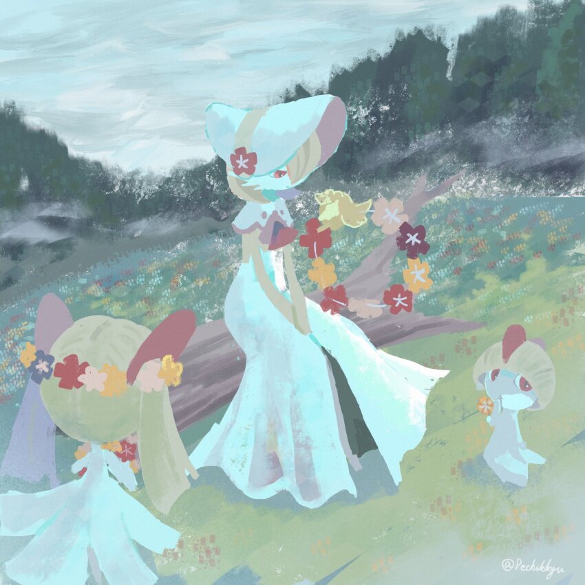artist_name bob_cut bonnet bowl_cut colored_skin comfey dress field flower flower_field gardevoir gardevoir_(fashionable) gen_3_pokemon gen_7_pokemon green_hair green_skin hat highres horns kirlia multicolored_skin nintendo outdoors pechikkyu pink_eyes pokemon pokemon_(creature) pokemon_unite ralts sidelocks sitting tree two-tone_skin white_dress white_hat white_skin