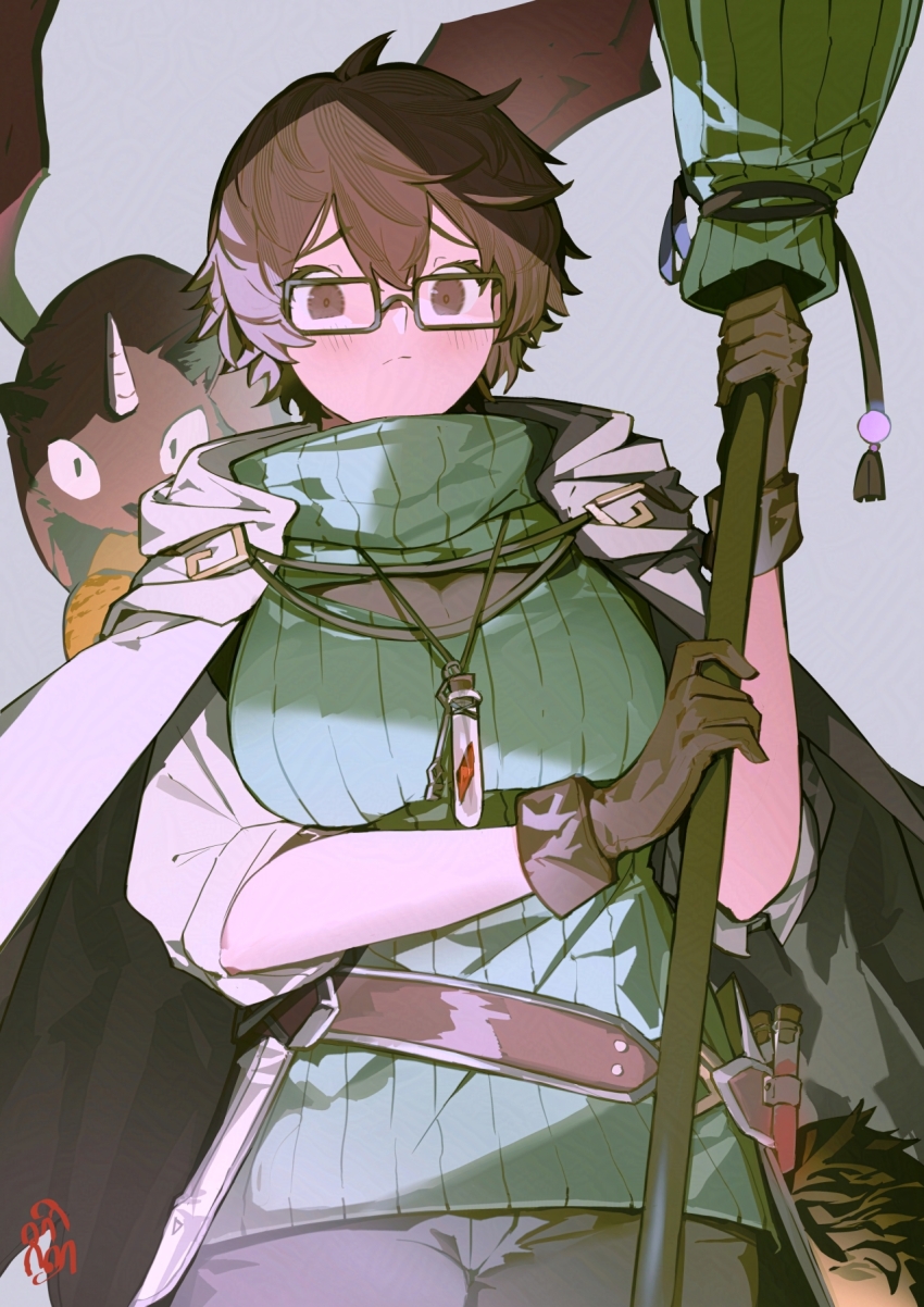 1girl archfiend_marmot_of_nefariousness aussa_(yu-gi-oh!) aussa_the_earth_channeler breasts brown_eyes brown_hair cape duel_monster glasses gloves green_sweater hair_between_eyes highres hood hood_down large_breasts ribbed_sweater sen-jou short_hair sweater turtleneck turtleneck_sweater white_cape yu-gi-oh!