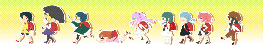 al_azif_(demonbane) angelos_armas blonde_hair newsboy_cap cable chibi demonbane dress grey_hair hanachirasu hat hello_world. highres ignis_(jingai_makyou) ishima_kaigen jingai_makyou kikokugai long_image multiple_girls nanai nitroplus phantom_of_inferno red_hair saya_(saya_no_uta) saya_no_uta school_uniform short_hair simple_background two-tone_dress umbrella vampirdzhija_vjedogonia wide_image yellow_background