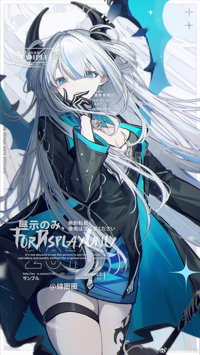 1girl absurdres black_gloves blue_eyes blue_hair breasts cleavage dress earrings gloves grey_hair highres horns jewelry long_hair long_sleeves looking_at_viewer multicolored_hair original solo streaked_hair virtual_youtuber white_hair wings youzha_xian_quanquan