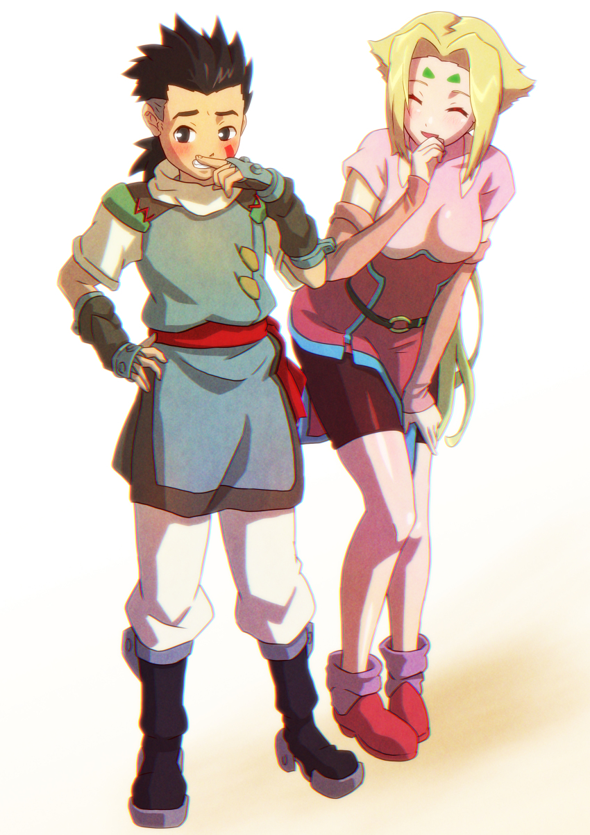 1boy 1girl ^_^ absurdres belt bike_shorts black_footwear black_gloves black_hair blue_shirt blush boots breasts closed_eyes embarrassed fiona_(zoids) gloves hair_behind_ear highres ibuki_sakura_(sgw_v07) leaning_forward looking_to_the_side medium_breasts pants parted_bangs ponytail red_belt red_footwear shirt time_paradox van_flyheight white_pants zoids zoids_chaotic_century