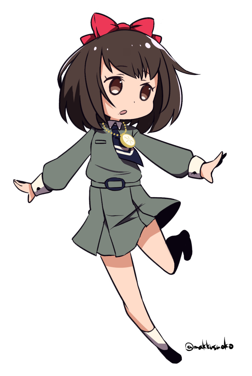 1girl brown_eyes brown_hair do_m_kaeru full_body hair_ribbon highres jewelry looking_at_viewer mole mole_under_mouth necklace necktie open_mouth persona persona_1 ribbon school_uniform short_hair simple_background skirt socks solo sonomura_maki st._hermelin_school_uniform twitter_username white_background