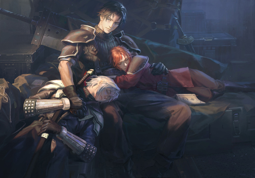 3boys aged_down angeal_hewley arm_armor armor arms_around_waist belt black_boots black_coat black_hair black_pants black_sweater blue_eyes book boots brown_belt buster_sword closed_eyes coat commentary crate english_commentary final_fantasy final_fantasy_vii final_fantasy_vii_ever_crisis genesis_rhapsodos grey_hair hand_on_another&#039;s_chest hand_on_another&#039;s_waist highres holding holding_hands holding_sword holding_weapon indoors katana knee_boots lap_pillow looking_at_another looking_down luluzhang998873 lying male_focus multiple_boys night on_back open_book orange_hair pants pauldrons red_coat sack sephiroth sephiroth_(ever_crisis) short_hair shoulder_armor sitting sleeping smile suspenders sweater sword turtleneck turtleneck_sweater weapon
