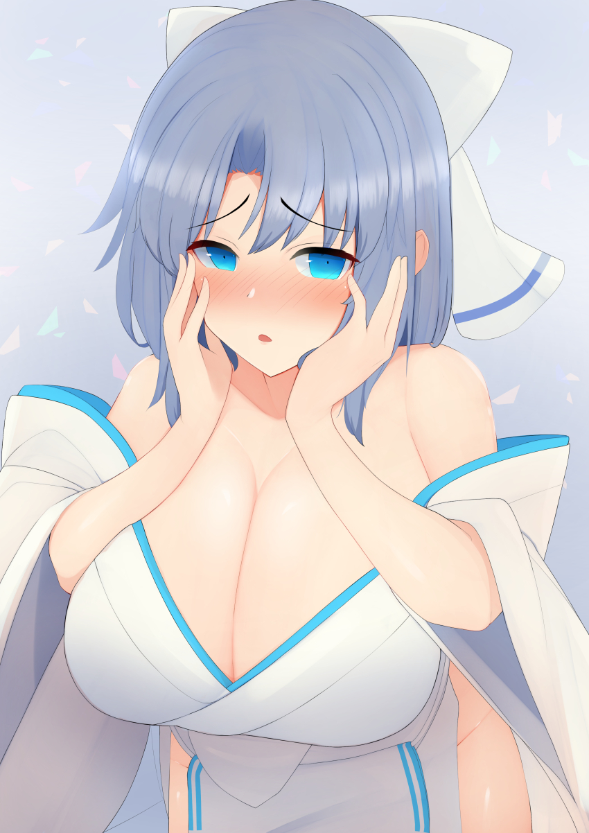 1girl absurdres amatukaze2000 bare_shoulders blue_eyes blush bow breasts cleavage eyebrows_hidden_by_hair george_(pixiv7099078) grey_hair hair_bow hands_on_own_cheeks hands_on_own_face happy_birthday highres japanese_clothes kimono large_breasts looking_at_viewer medium_hair off_shoulder parted_bangs senran_kagura striped_bow white_bow white_kimono yumi_(senran_kagura)