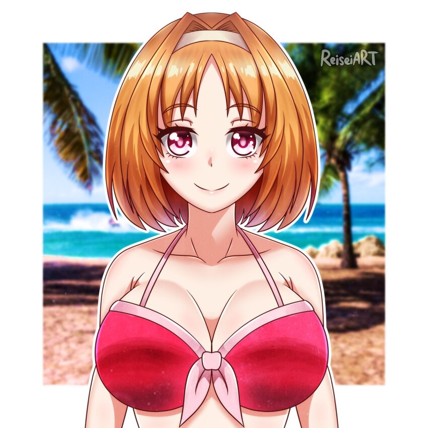 beach bra breasts kushida_kikyou medium_breasts orange_hair red_bra red_eyes seireiart short_hair smile underwear youkoso_jitsuryoku_shijou_shugi_no_kyoushitsu_e