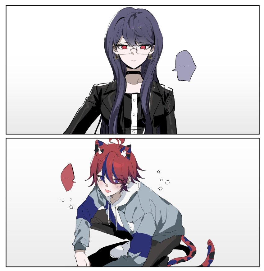 ... 1boy 1girl 2koma ahoge animal_ears black_jacket blue_hair blush cat_boy cat_ears cat_tail closed_mouth collar comic crouching earrings hair_between_eyes hair_over_eyes highres hood hoodie jacket jewelry long_hair long_sleeves looking_at_viewer messy_hair multicolored_hair purple_eyes purple_hair red_eyes red_hair shizuhara_hiruko speech_bubble star_(symbol) sumino_takumi tail the_hundred_line_-last_defense_academy- upper_body white_hoodie
