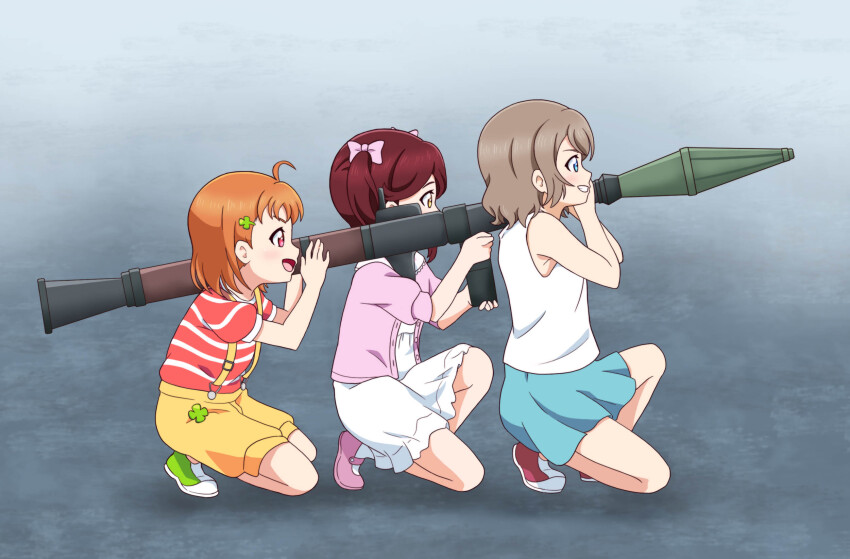 aged_down bow child hair_bow highres legs love_live! love_live!_sunshine!! mitsuboshi_colors multiple_girls parody ribbon rocket rocket_launcher rpg rpg-7 rpg_(weapon) sakurauchi_riko scene_reference shoes short_hair simple_background skirt takami_chika watanabe_you weapon ykareti_fanart