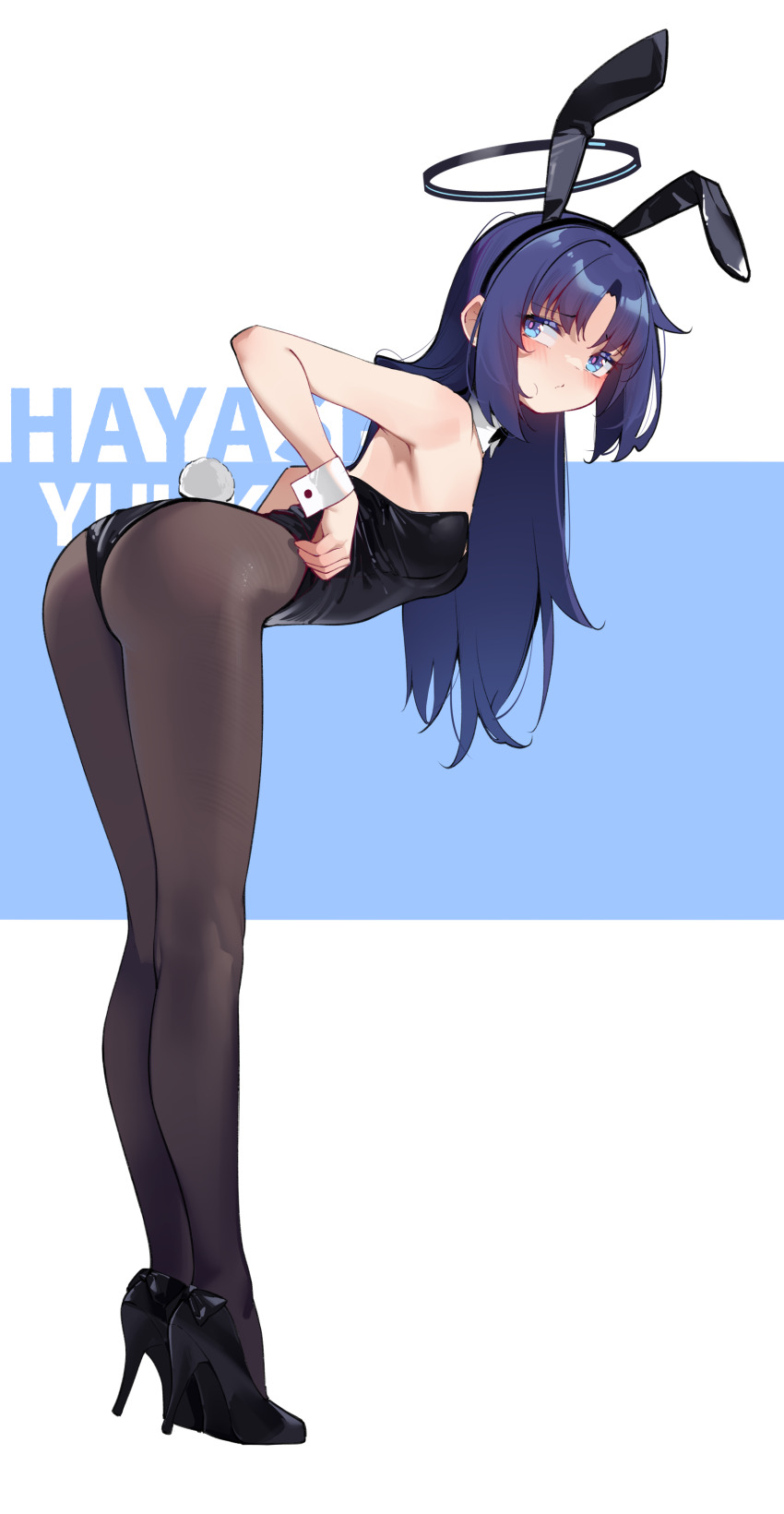 1girl absurdres alternate_costume animal_ear_hairband animal_ears ass bent_over black_leotard black_pantyhose blue_archive blue_eyes breasts character_name detached_collar fake_animal_ears fake_tail hair_down hairband high_heels highleg highleg_leotard highres leotard long_hair medium_breasts painterliuhao pantyhose playboy_bunny purple_hair rabbit_ear_hairband rabbit_ears rabbit_tail red_pupils solo strapless strapless_leotard tail white_wrist_cuffs wrist_cuffs yuuka_(blue_archive)