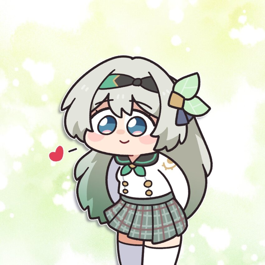 1girl arms_behind_back black_hairband black_sailor_collar blue_ribbon blush_stickers buttons double-breasted firefly_(honkai:_star_rail) firefly_(spring_missive)_(honkai:_star_rail) gradient_hair green_neckerchief grey_hair hair_between_eyes hair_intakes hair_ornament hair_ribbon hairband heart highres honkai:_star_rail honkai_(series) multicolored_eyes multicolored_hair neckerchief plaid_clothes plaid_skirt ribbon sailor_collar school_uniform serafuku skirt smile solo thighhighs underdatv white_thighhighs